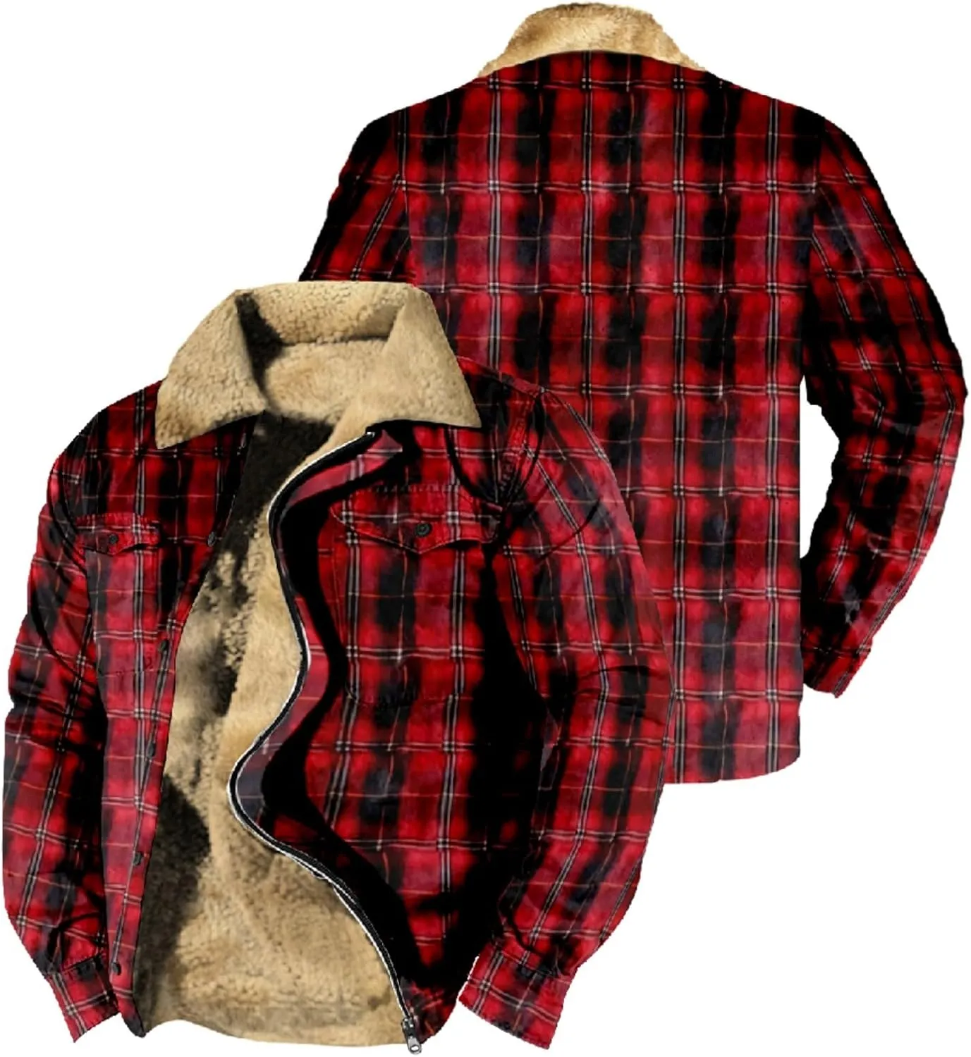LCMTWX Mens Plaid Flannel Jacket Plaid Print Hooded Zipper Pocket Long Sleeve Shirt Patchwork Jacket Loose Thickened Casual