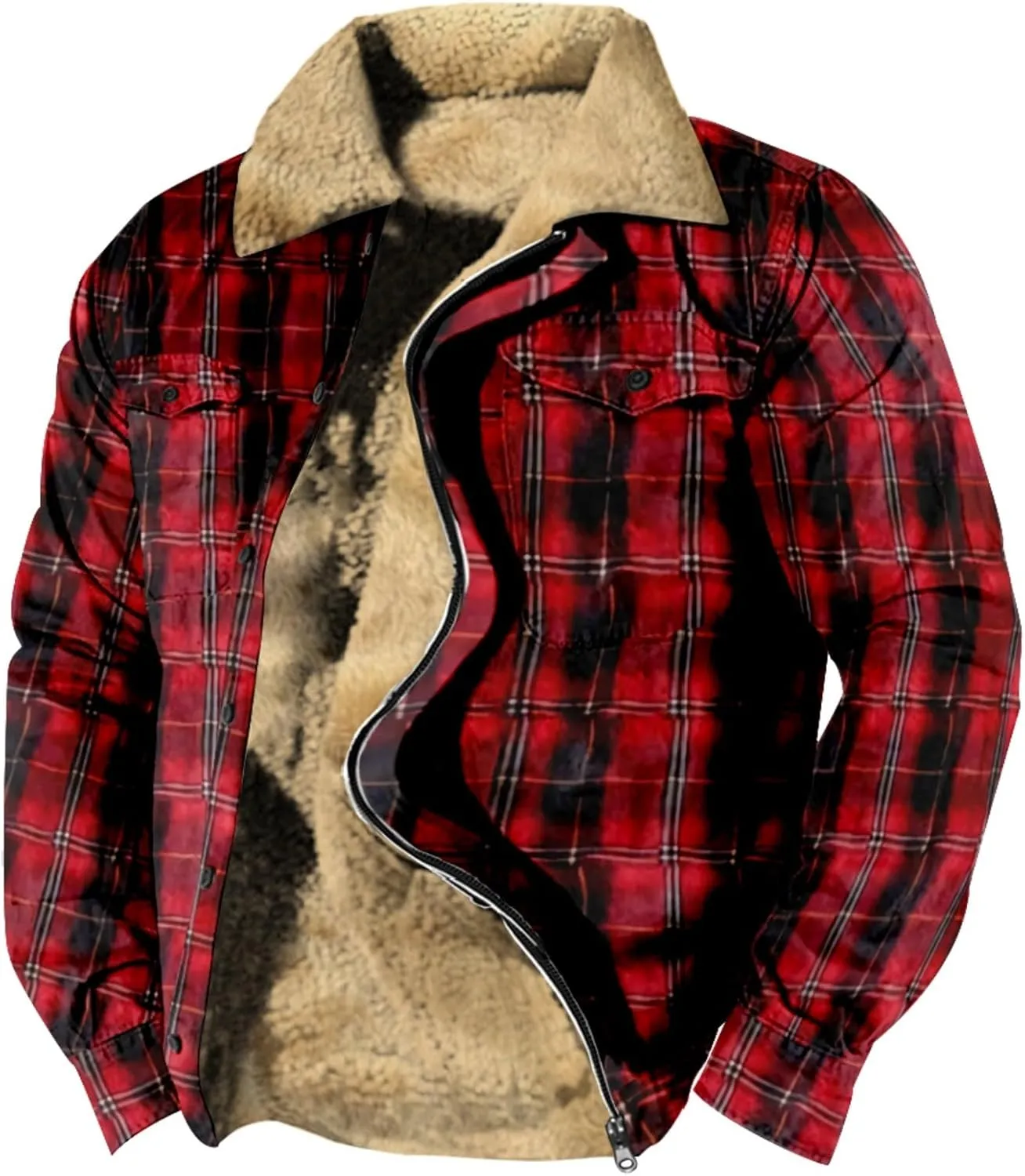 LCMTWX Mens Plaid Flannel Jacket Plaid Print Hooded Zipper Pocket Long Sleeve Shirt Patchwork Jacket Loose Thickened Casual