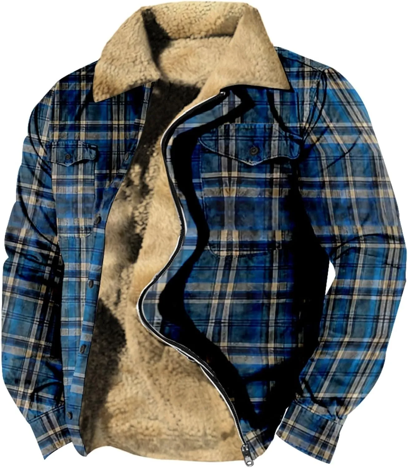 LCMTWX Mens Plaid Flannel Jacket Pocket Hooded Padded Loose Shirt Top Jacket Coats Casual Long Sleeve Coat with