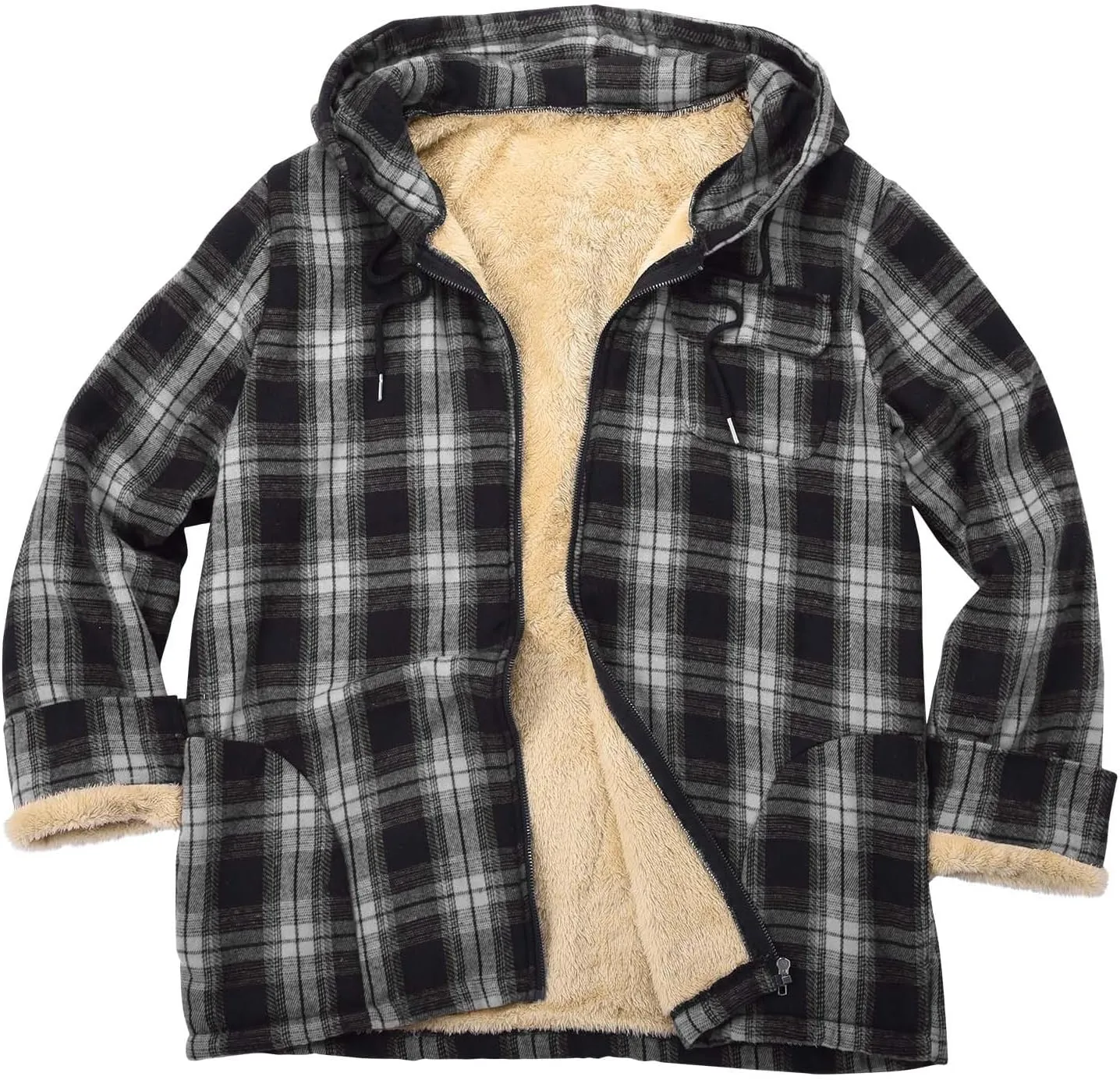 LCMTWX Mens Plaid Flannel Jacket Pullover Sweatshirt Jacket Button Collar Warm Sweater Coat with Hood for Men Sherpa Button