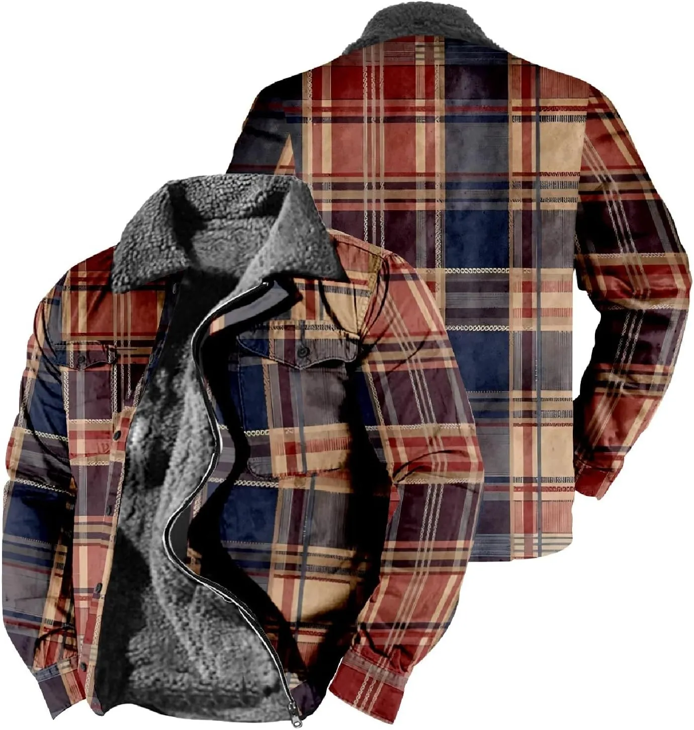 LCMTWX Men's Plaid Hooded Shirts Print Hooded Zipper Pocket Long Sleeve Shirt Patchwork Jacket Casual Loose Thickened