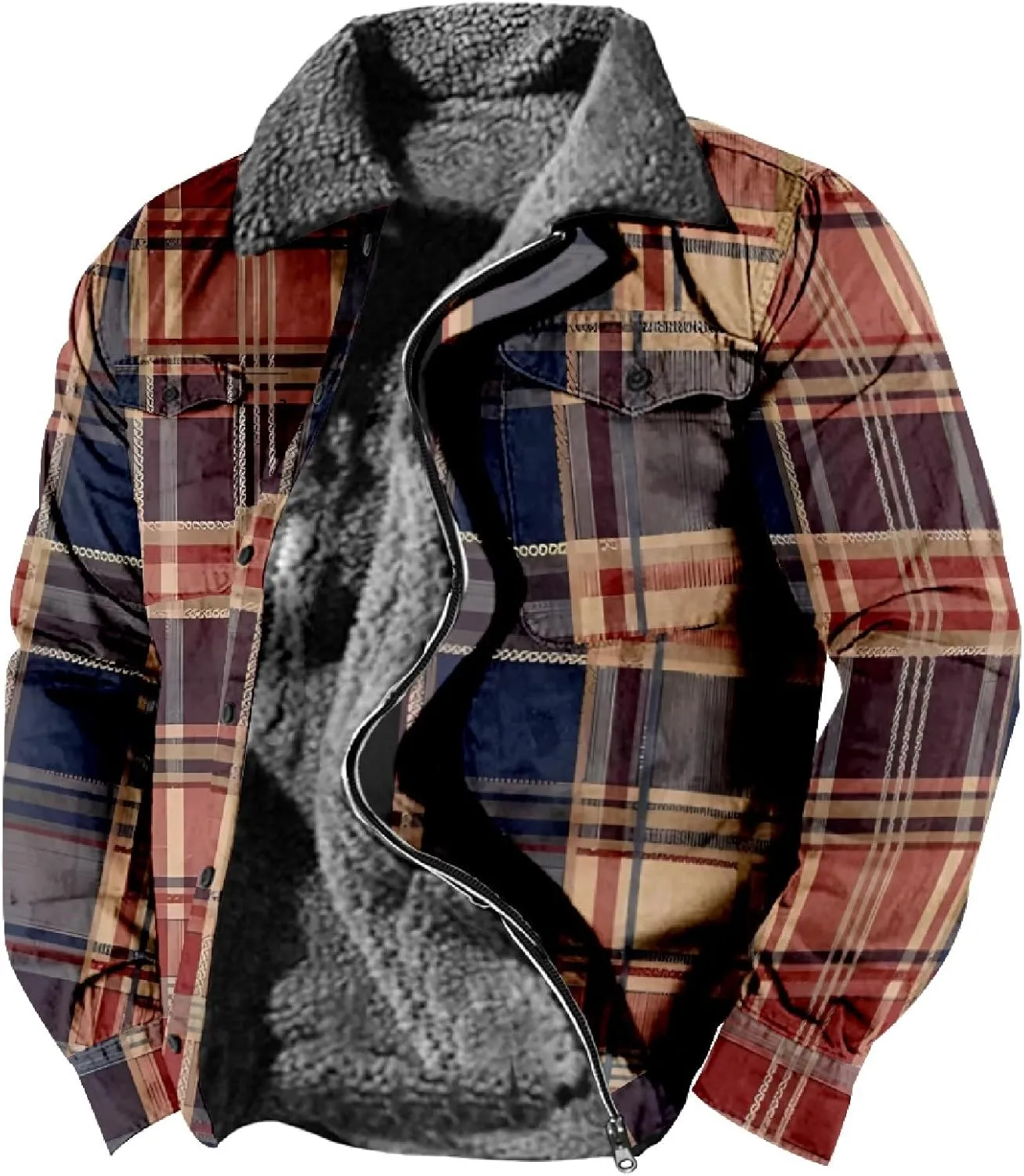 LCMTWX Men's Plaid Hooded Shirts Print Hooded Zipper Pocket Long Sleeve Shirt Patchwork Jacket Casual Loose Thickened