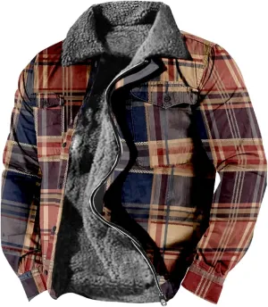 LCMTWX Men's Plaid Hooded Shirts Print Hooded Zipper Pocket Long Sleeve Shirt Patchwork Jacket Casual Loose Thickened