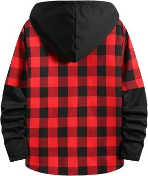 LCMTWX Mens Plaid Jacket Casual Plaid Print Hooded Zipper Pocket Long Sleeve Shirt Patchwork Jacket Loose Thickened ​Coat