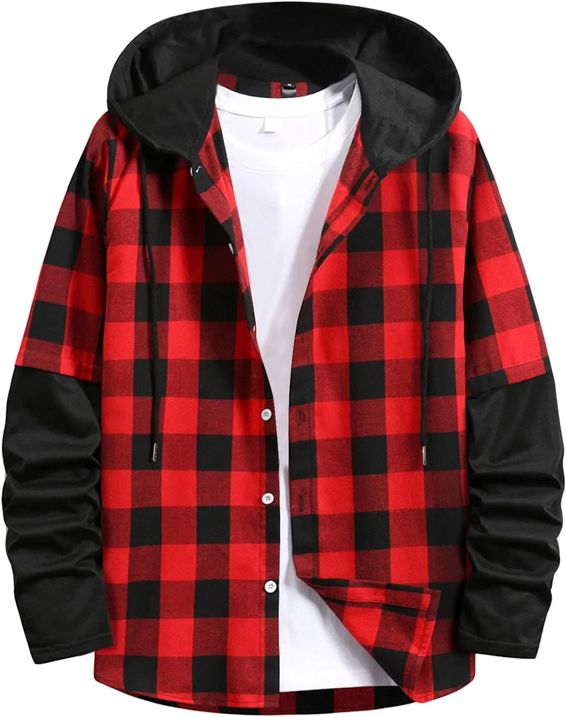 LCMTWX Mens Plaid Jacket Casual Plaid Print Hooded Zipper Pocket Long Sleeve Shirt Patchwork Jacket Loose Thickened ​Coat