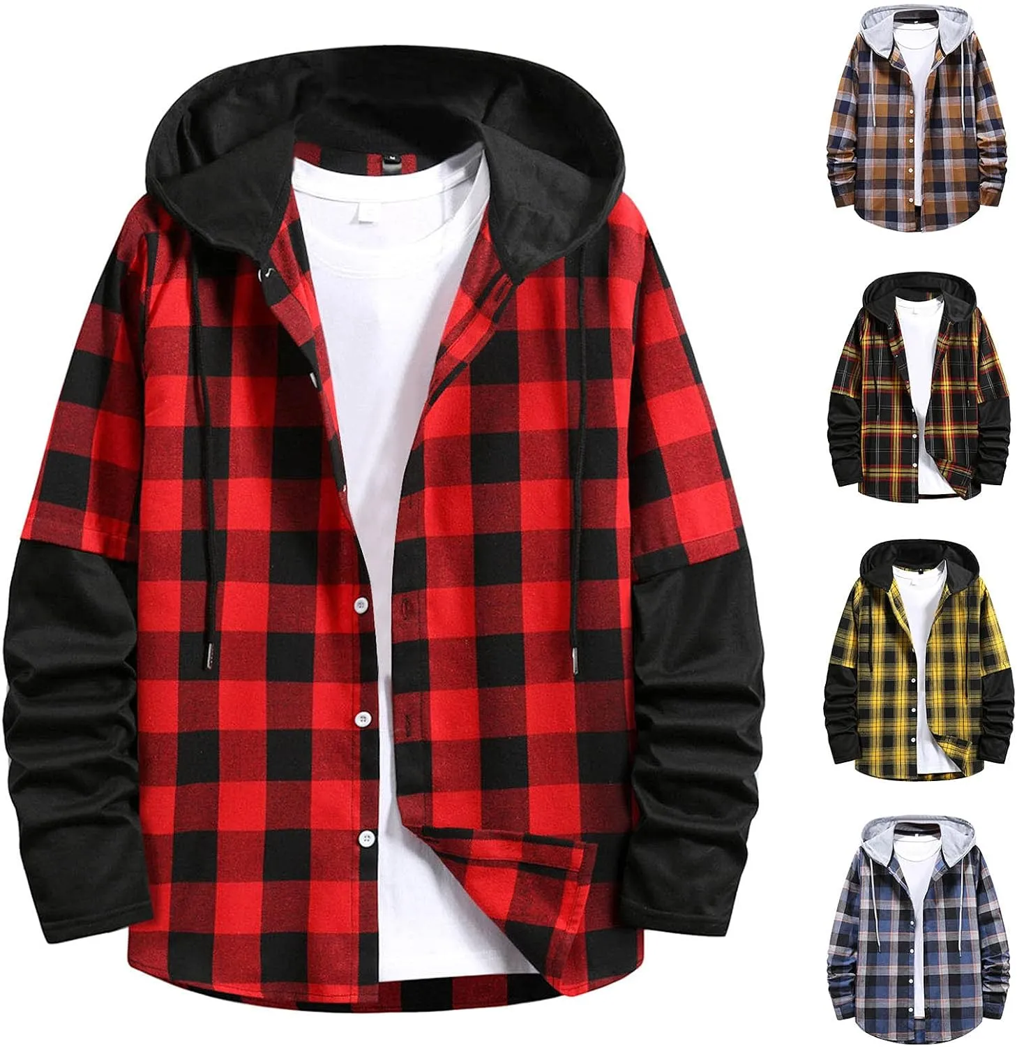 LCMTWX Mens Plaid Jacket Casual Plaid Print Hooded Zipper Pocket Long Sleeve Shirt Patchwork Jacket Loose Thickened ​Coat