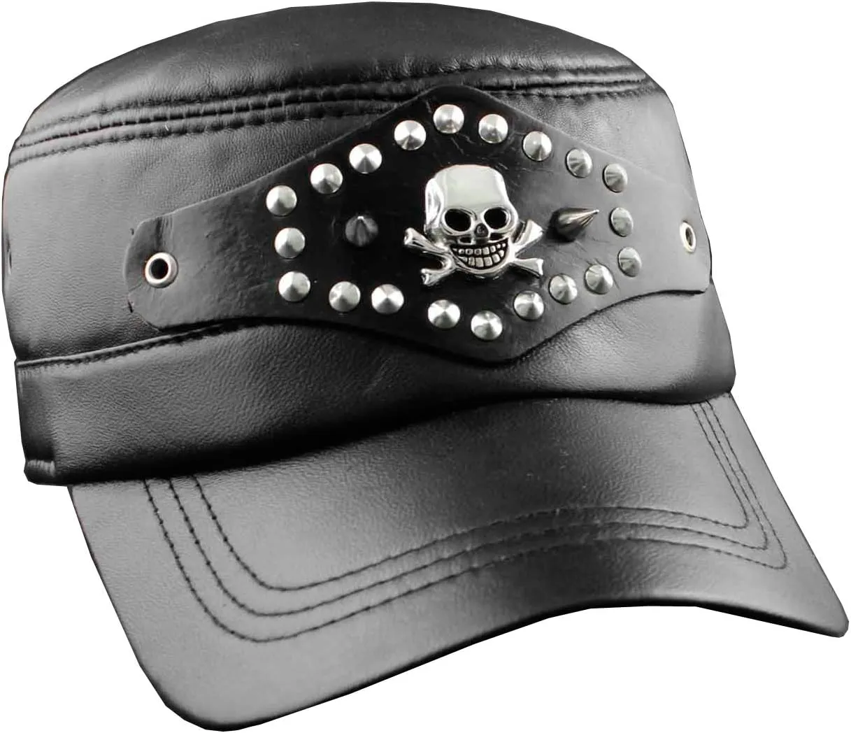 Leather Cap Biker hat Skull Studded Motorcycle Black Adjustable
