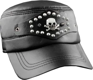 Leather Cap Biker hat Skull Studded Motorcycle Black Adjustable