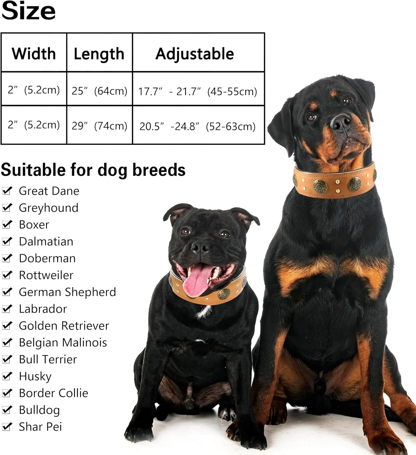 Leather Dog Collar for Medium Dogs, 2" Wide Durable Thick Strong Genuine Leather Spike Dog Collar with Metal Buckle, Padded Collar with Studded Design for Girl Boy Dogs (Orange,M)