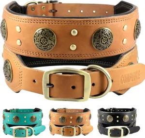 Leather Dog Collar for Medium Dogs, 2" Wide Durable Thick Strong Genuine Leather Spike Dog Collar with Metal Buckle, Padded Collar with Studded Design for Girl Boy Dogs (Orange,M)