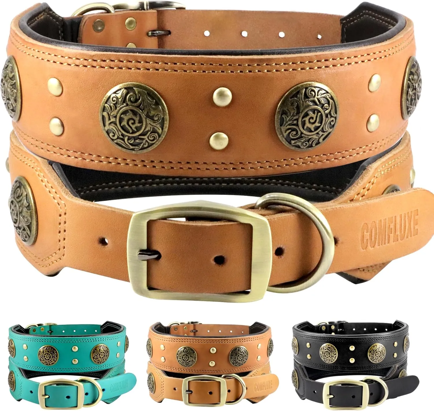 Leather Dog Collar for Medium Dogs, 2" Wide Durable Thick Strong Genuine Leather Spike Dog Collar with Metal Buckle, Padded Collar with Studded Design for Girl Boy Dogs (Orange,M)