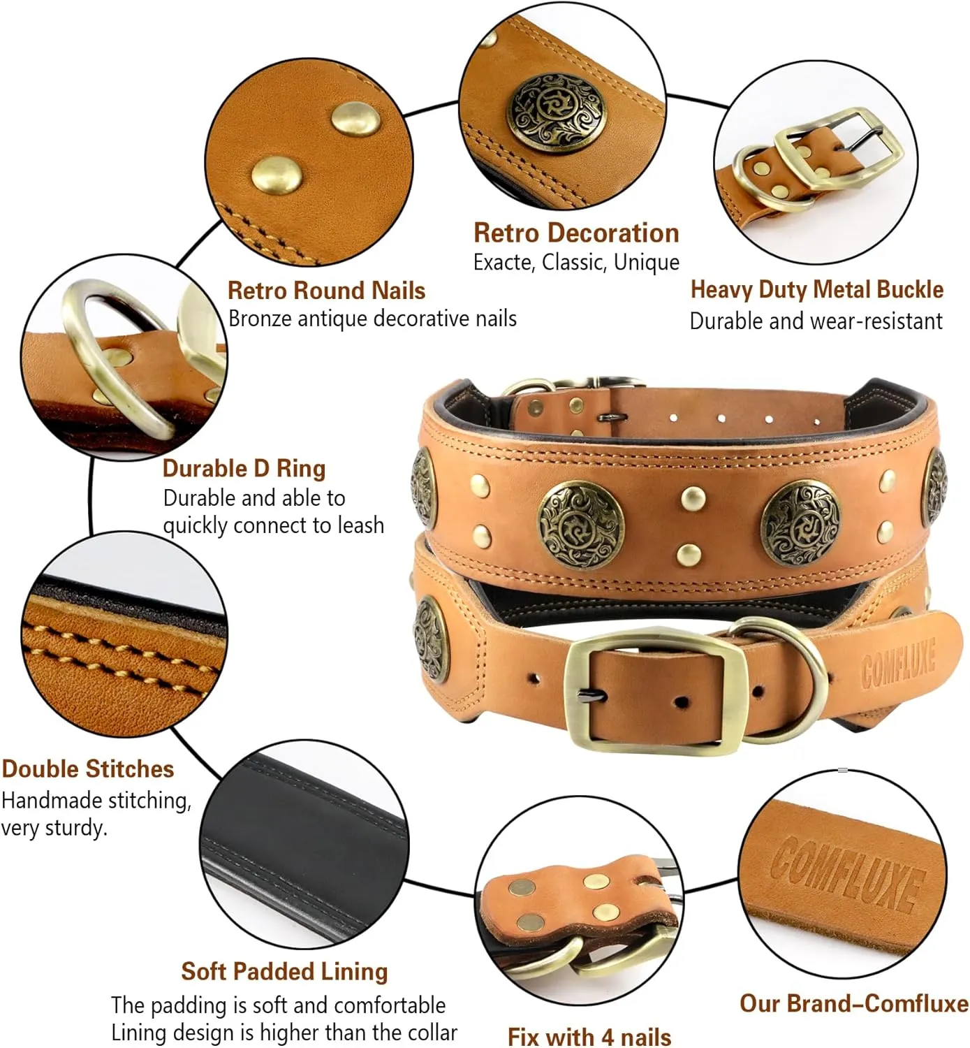 Leather Dog Collar for Medium Dogs, 2" Wide Durable Thick Strong Genuine Leather Spike Dog Collar with Metal Buckle, Padded Collar with Studded Design for Girl Boy Dogs (Orange,M)