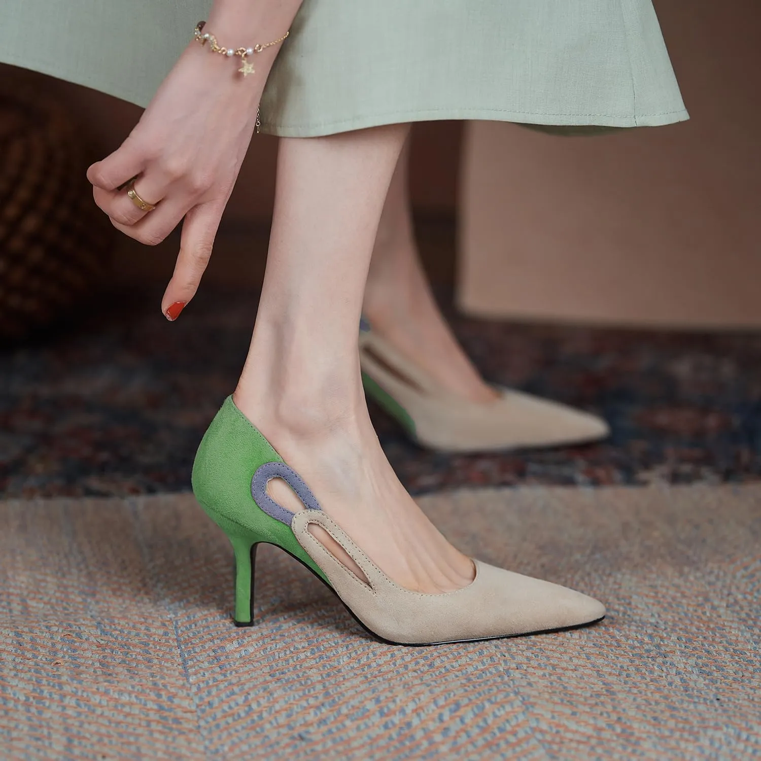 LEHOOR Women Kitten Heel Pumps Pointed Toe Suede Stilettos High Heel Dress Shoes Rainbow Slip On 2.5”Heels Cutout Sandals Multicolor Patchwork for Bridal Wedding Office Ladies Evening Party 4-11 M US