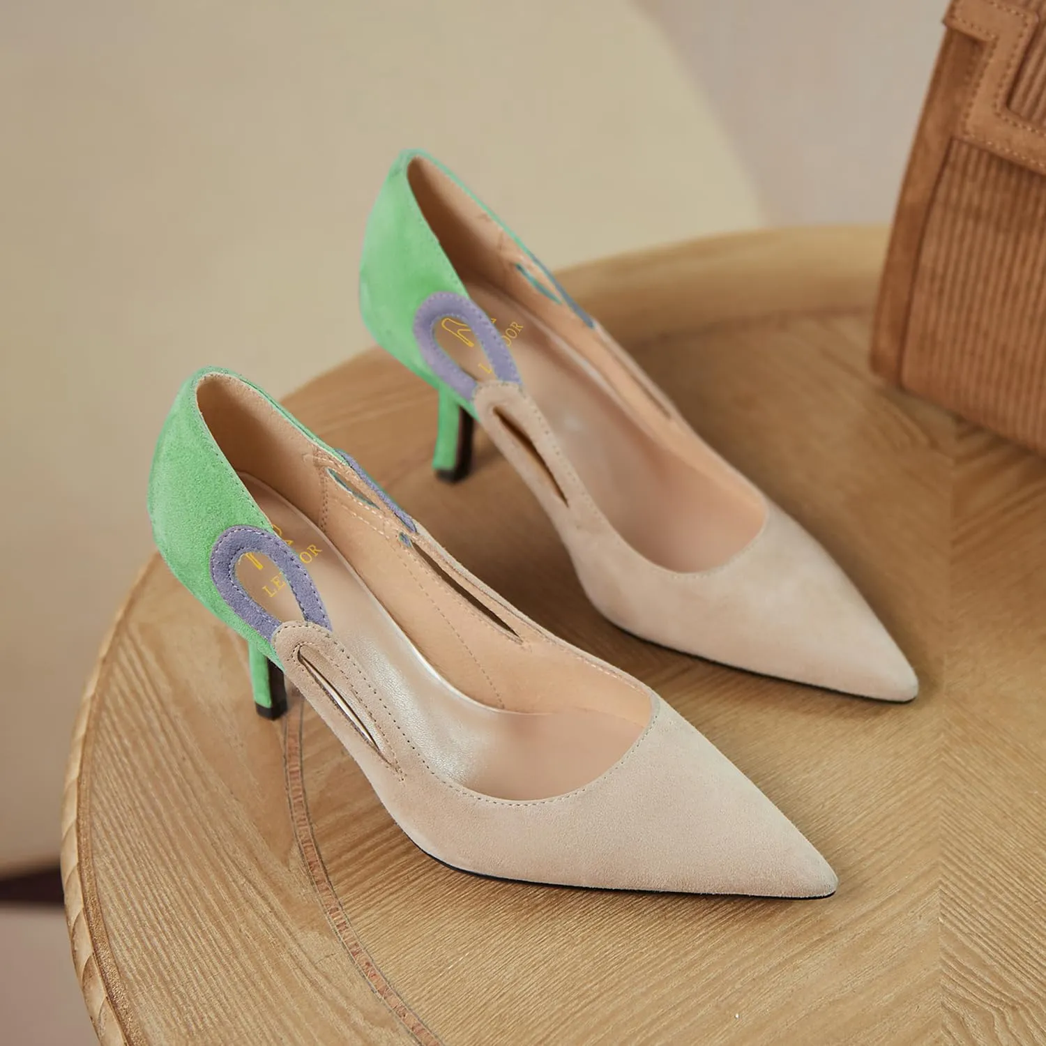 LEHOOR Women Kitten Heel Pumps Pointed Toe Suede Stilettos High Heel Dress Shoes Rainbow Slip On 2.5”Heels Cutout Sandals Multicolor Patchwork for Bridal Wedding Office Ladies Evening Party 4-11 M US