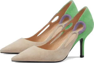 LEHOOR Women Kitten Heel Pumps Pointed Toe Suede Stilettos High Heel Dress Shoes Rainbow Slip On 2.5”Heels Cutout Sandals Multicolor Patchwork for Bridal Wedding Office Ladies Evening Party 4-11 M US