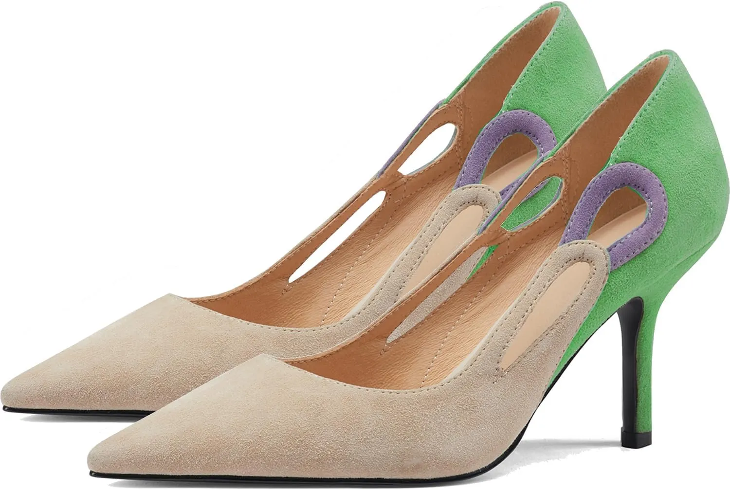 LEHOOR Women Kitten Heel Pumps Pointed Toe Suede Stilettos High Heel Dress Shoes Rainbow Slip On 2.5”Heels Cutout Sandals Multicolor Patchwork for Bridal Wedding Office Ladies Evening Party 4-11 M US