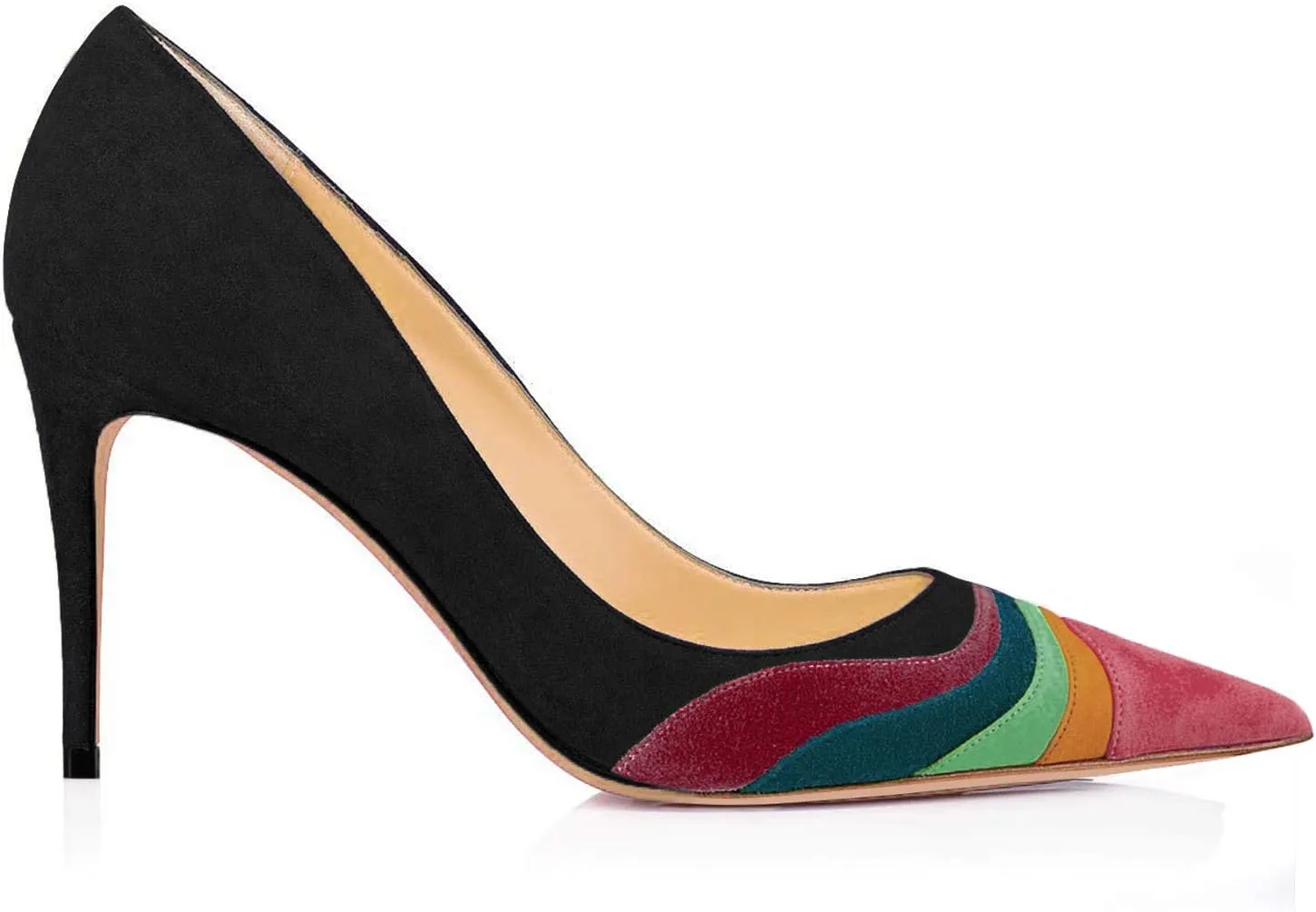 LEHOOR Women Rainbow Kitten Heels Pumps Pointed Toe Suede Stiletto, 3 inch High Heel Pumps Multicolor Closed Toe Classic for Ladies Dress Party 4-15 M US
