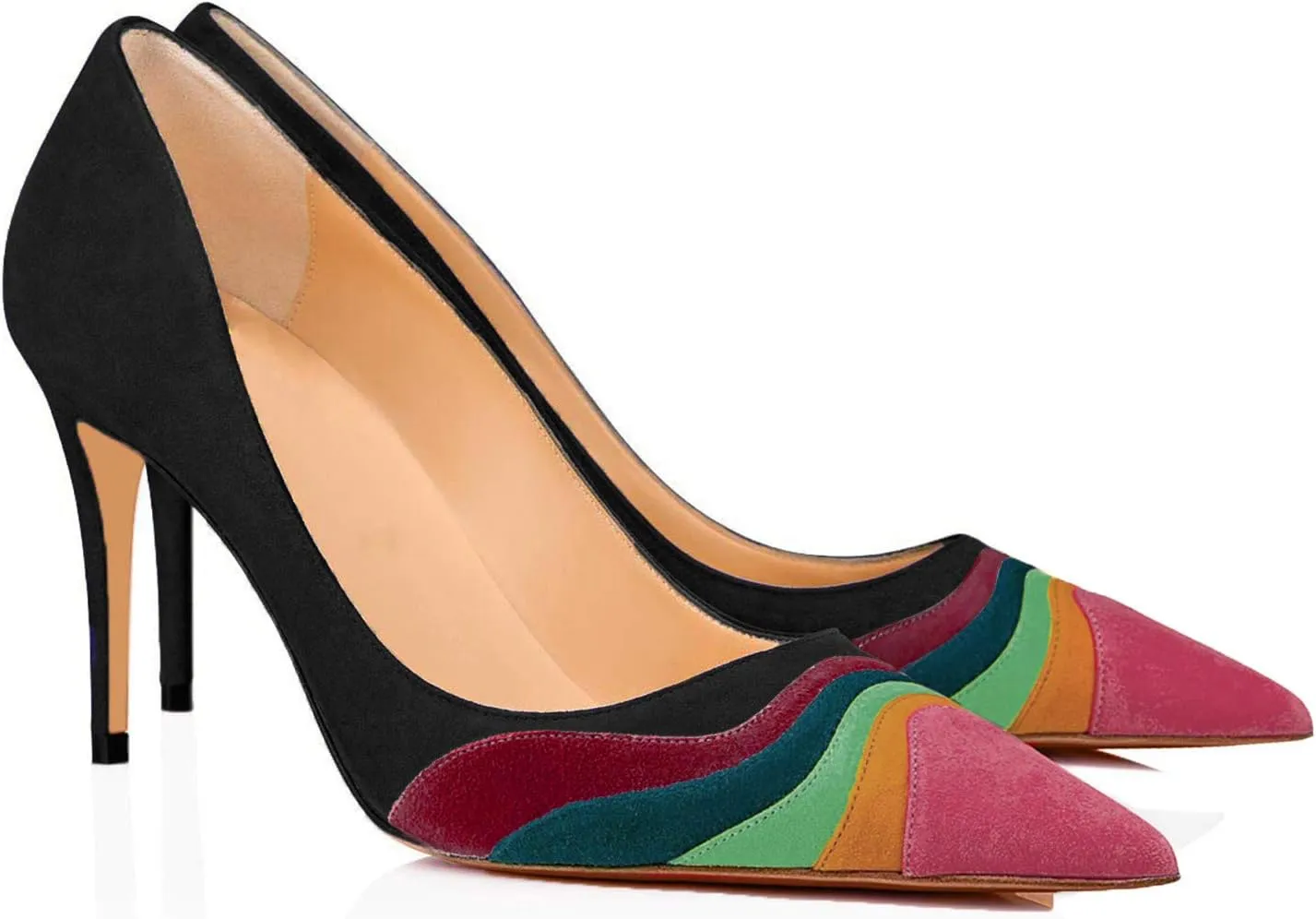 LEHOOR Women Rainbow Kitten Heels Pumps Pointed Toe Suede Stiletto, 3 inch High Heel Pumps Multicolor Closed Toe Classic for Ladies Dress Party 4-15 M US