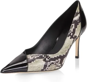 LEHOOR Women Snakeskin Stiletto High Heels Closed Pointed Toe Pumps Patchwork Cap Toe Slip on Stilettos Sandals 3 Inch Patent Sexy Thin High Heels Snake Print Party Dressy Wedding 4-11 M US