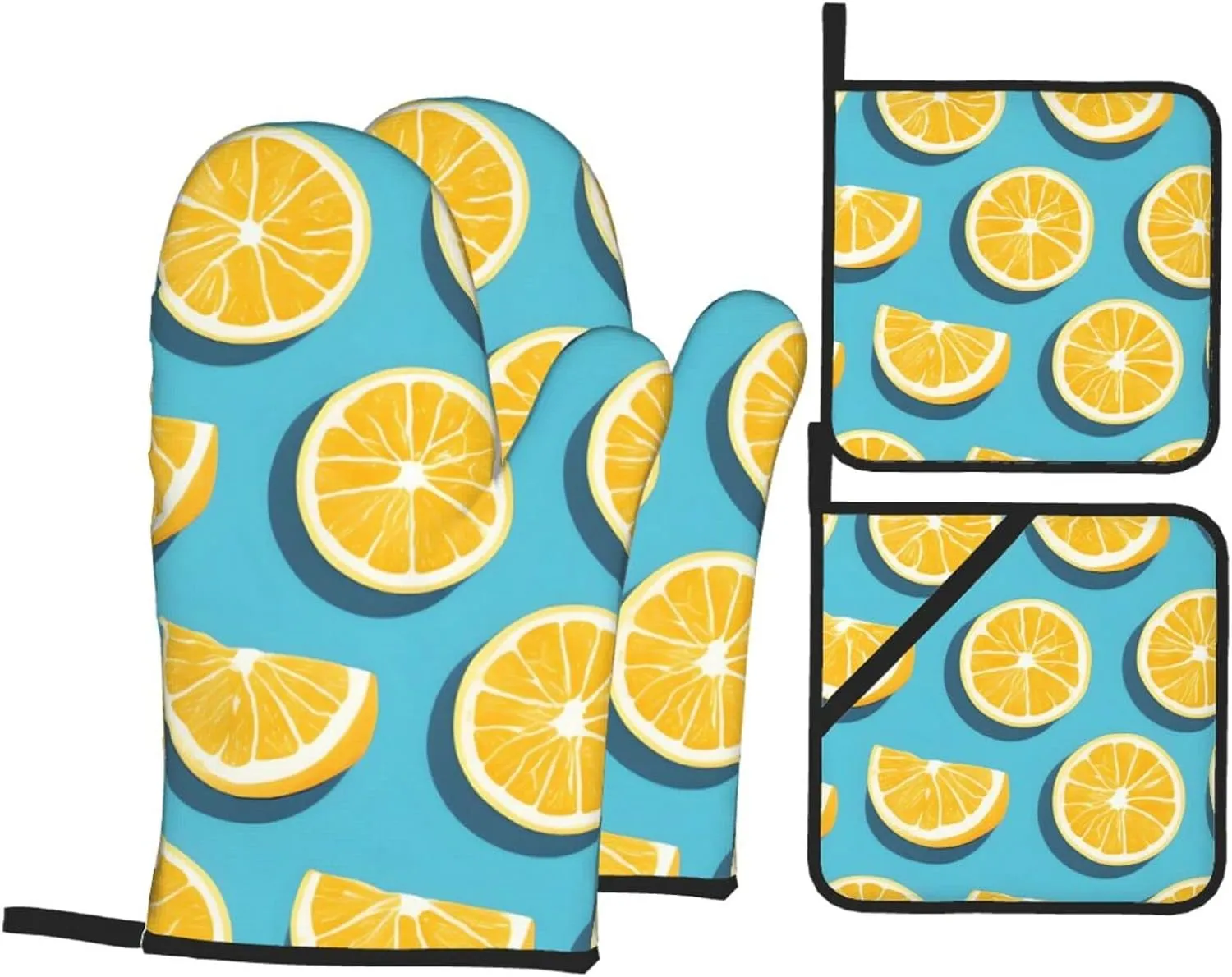Lemon wedges Pattern Kitchen Baking Four-Piece Set - Insulated Oven Mitt and Pot Holders Thick and Durable