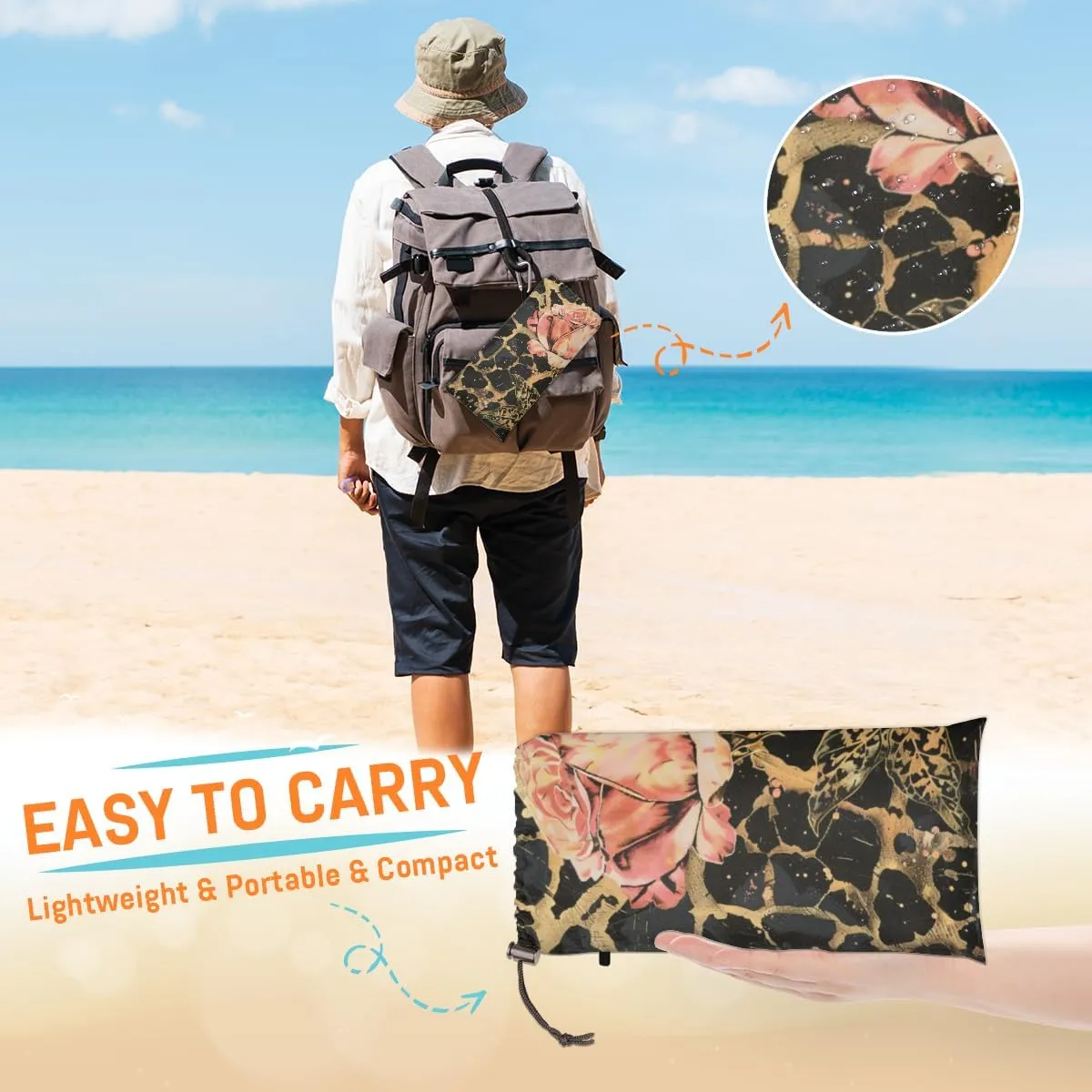 Leopard Print Beach Blanket, Sandproof Beach Mat, Adults Waterproof Quick Drying Sand Free Mat with 4 x Ground Spikes for Outdoor Travel Camping Hiking, Rose Flower