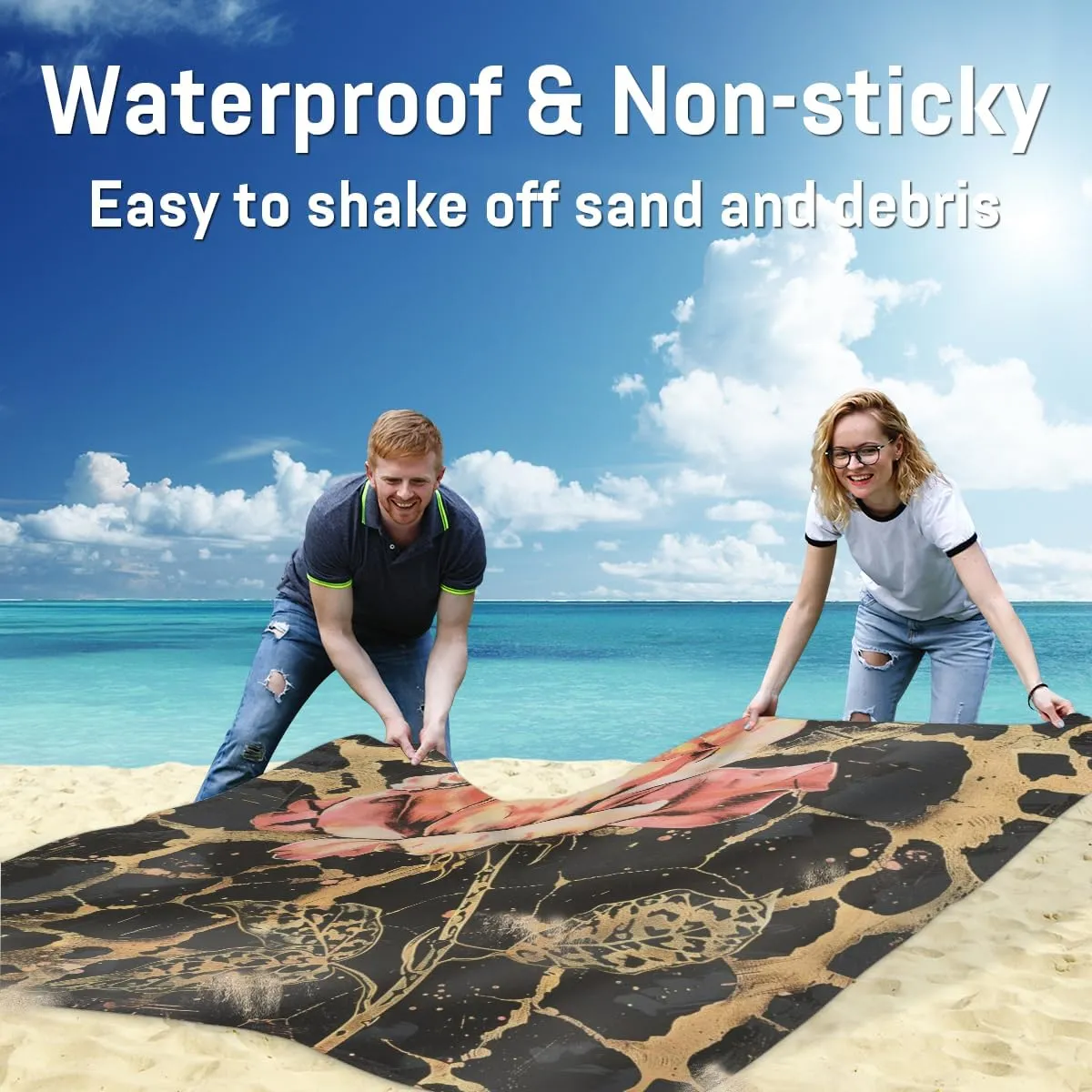 Leopard Print Beach Blanket, Sandproof Beach Mat, Adults Waterproof Quick Drying Sand Free Mat with 4 x Ground Spikes for Outdoor Travel Camping Hiking, Rose Flower