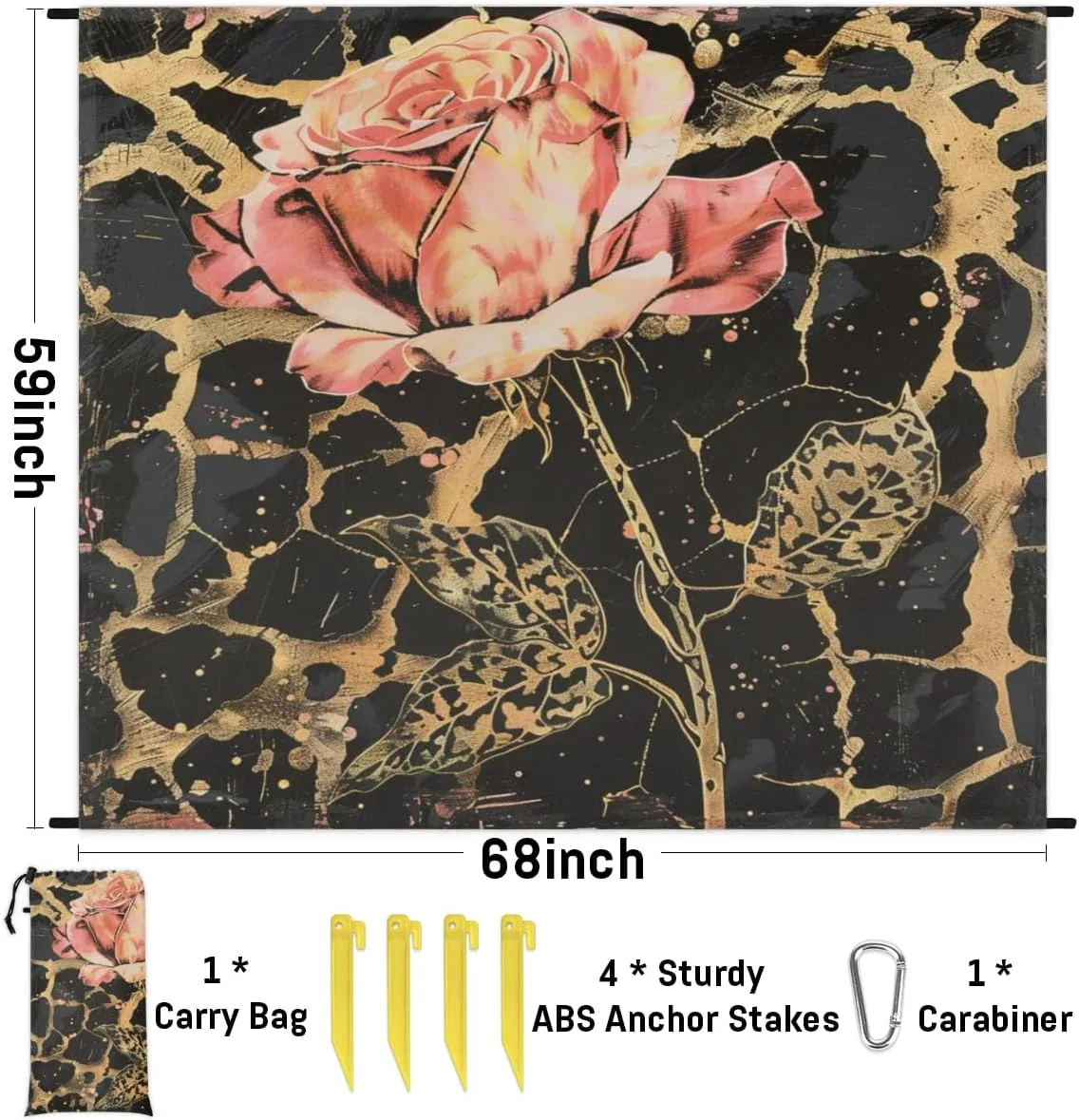 Leopard Print Beach Blanket, Sandproof Beach Mat, Adults Waterproof Quick Drying Sand Free Mat with 4 x Ground Spikes for Outdoor Travel Camping Hiking, Rose Flower