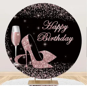 Leowefowa 2.3x2.3m Polyester Birthday Round Backdrop Pink Sequin High Heels Champagne Quinceanera Birthday Photo Background for Party Children Adult Photo Shoots Studio Props Photography Backdrops