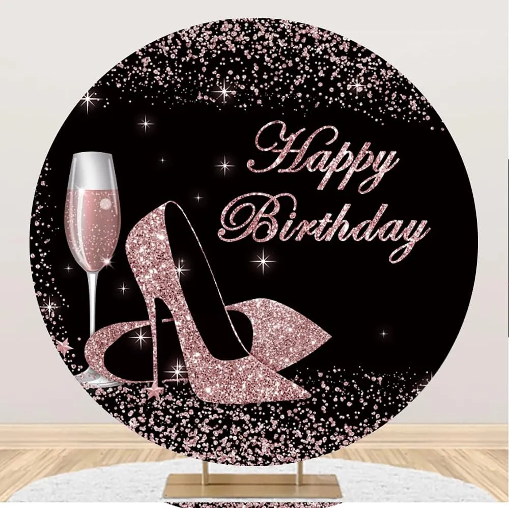 Leowefowa 2.3x2.3m Polyester Birthday Round Backdrop Pink Sequin High Heels Champagne Quinceanera Birthday Photo Background for Party Children Adult Photo Shoots Studio Props Photography Backdrops