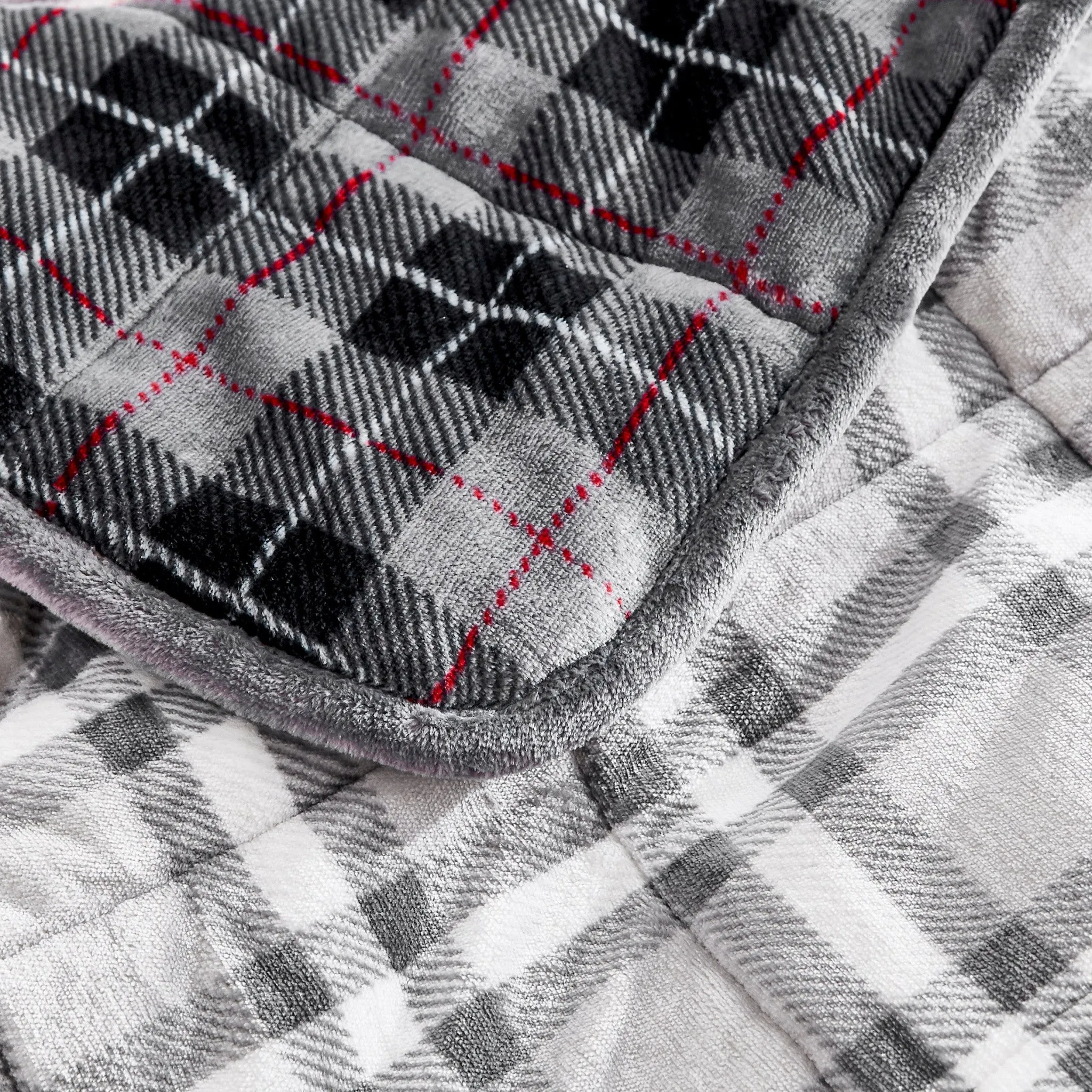 Light Grey Plaid Weighted Velvet and Velvet Throw Blanket