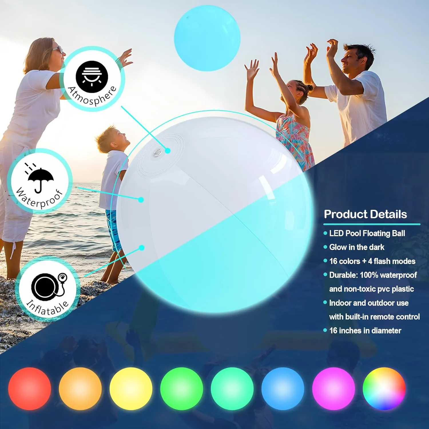 Light up Beach Ball - 16" LED Floating Pool Ball Large Inflatable Pool Toys with 16 Colors Lights and 4 Modes with Remote Control Outdoor Pool Party Games(4-6-8Pcs)