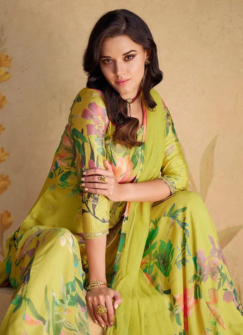 Lime Green Floral Sequins Embroidered Top Palazzo Suit