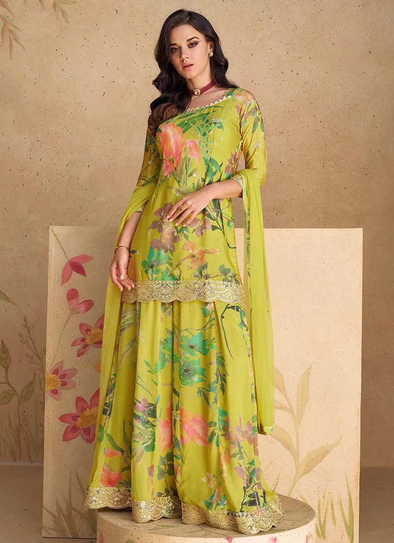 Lime Green Floral Sequins Embroidered Top Palazzo Suit