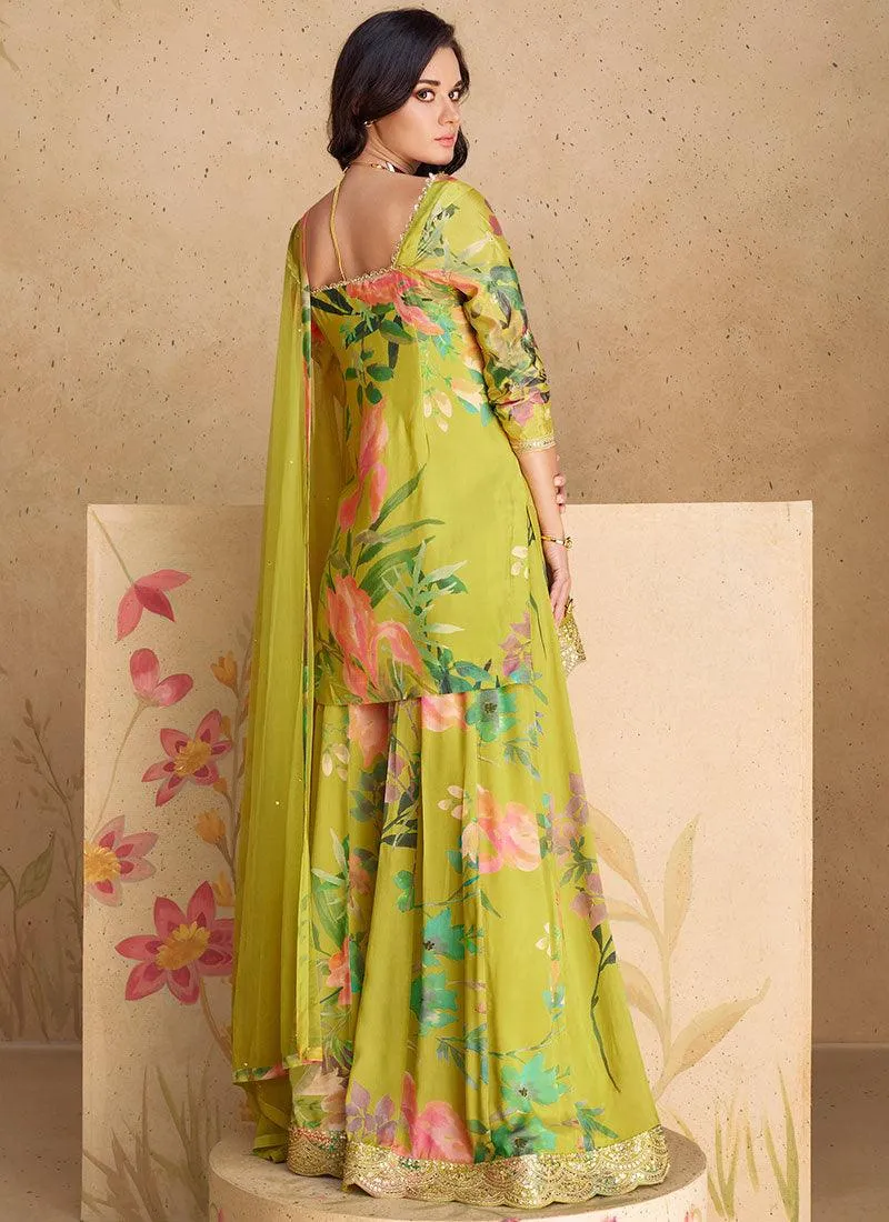 Lime Green Floral Sequins Embroidered Top Palazzo Suit