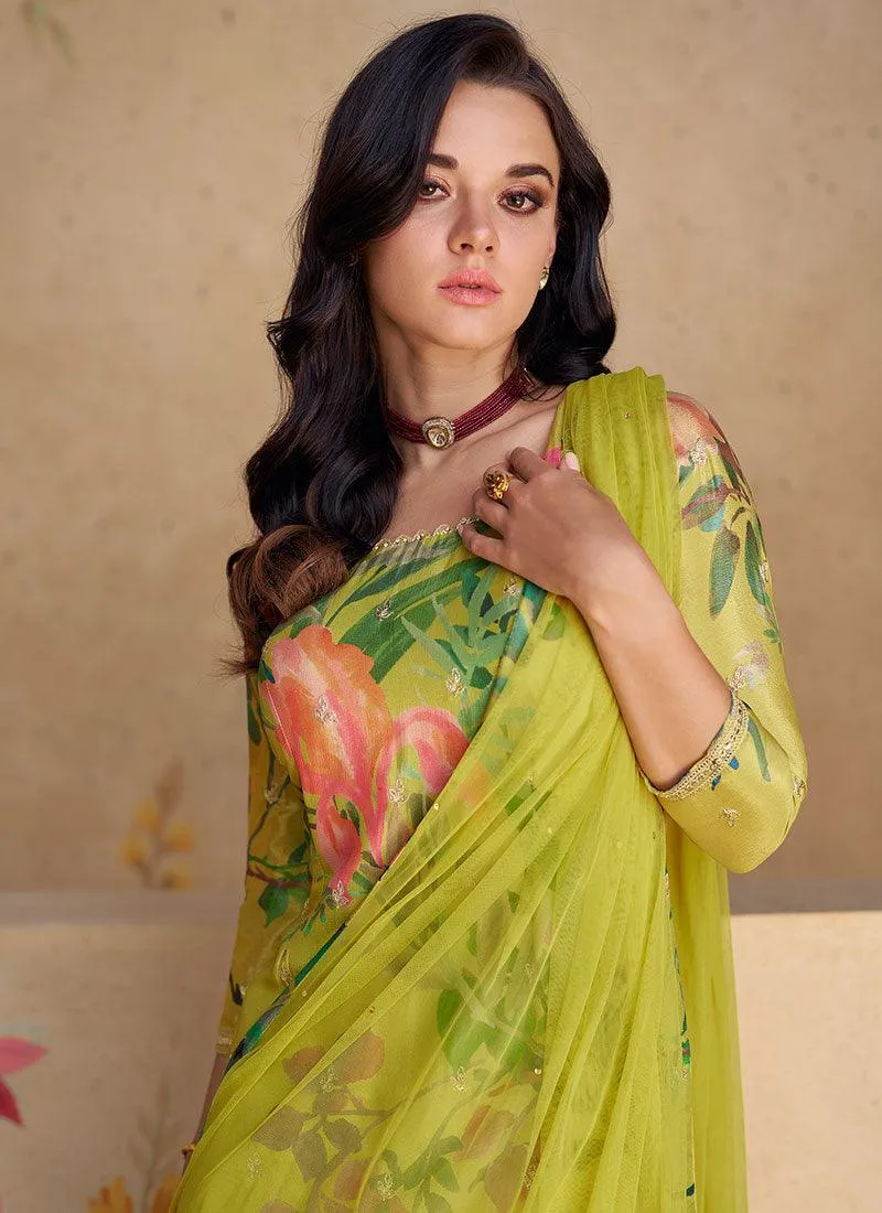 Lime Green Floral Sequins Embroidered Top Palazzo Suit