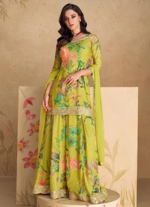 Lime Green Floral Sequins Embroidered Top Palazzo Suit