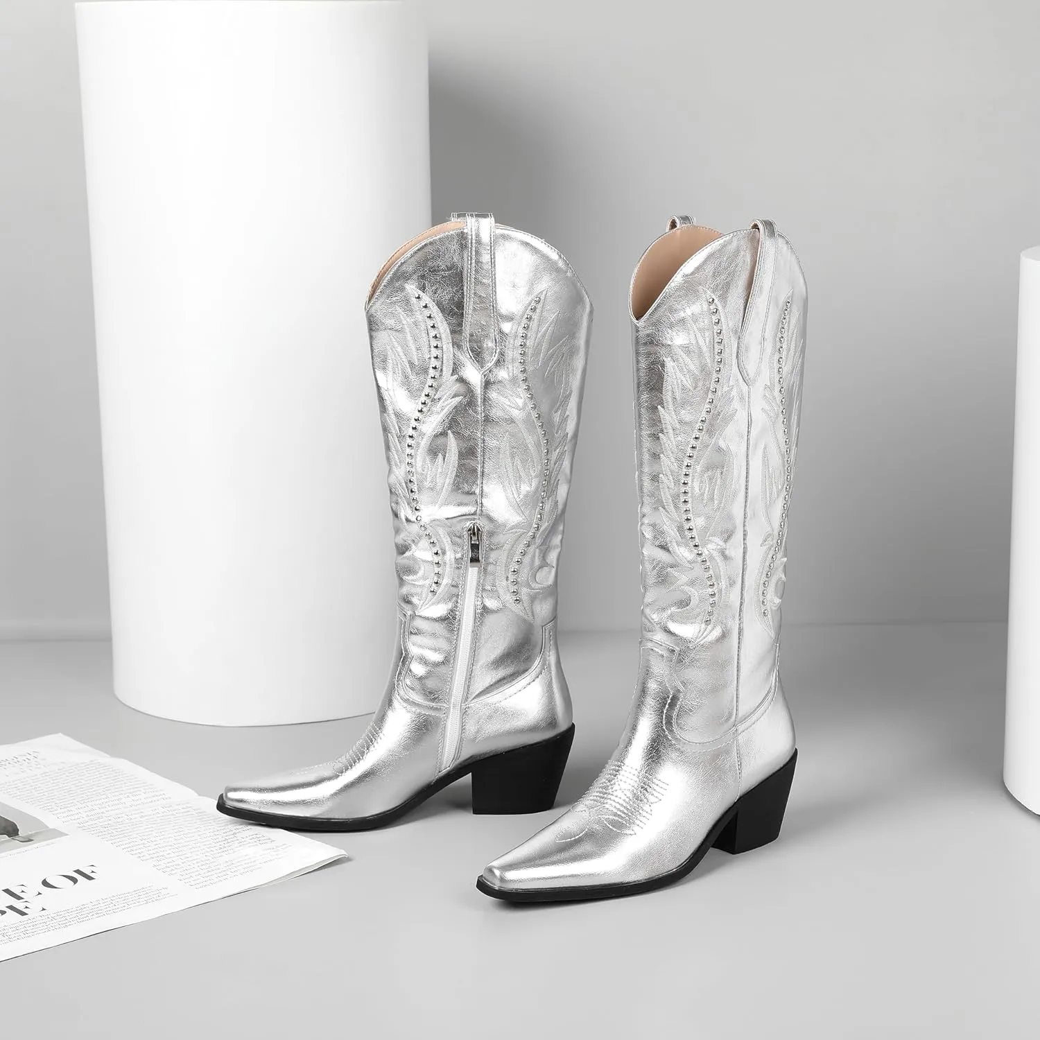 LingxiaUne Red Embroidered Cowboy Boots For Women Stylish Western Cowgirl Boot With Pointed Toe Chunky Block Heel Comfortable Shoes Mid Calf Boot For Party Prom Music Festival Pull On