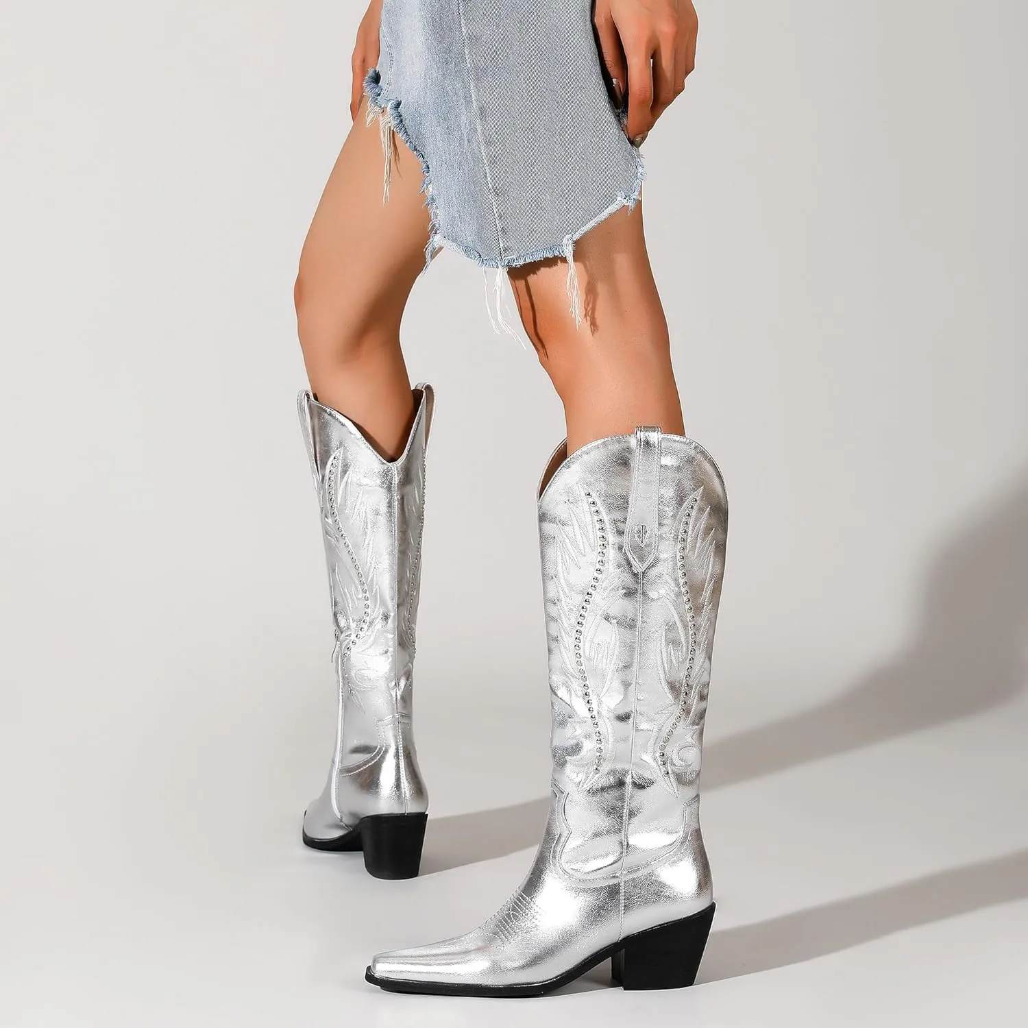 LingxiaUne Red Embroidered Cowboy Boots For Women Stylish Western Cowgirl Boot With Pointed Toe Chunky Block Heel Comfortable Shoes Mid Calf Boot For Party Prom Music Festival Pull On