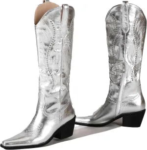 LingxiaUne Red Embroidered Cowboy Boots For Women Stylish Western Cowgirl Boot With Pointed Toe Chunky Block Heel Comfortable Shoes Mid Calf Boot For Party Prom Music Festival Pull On