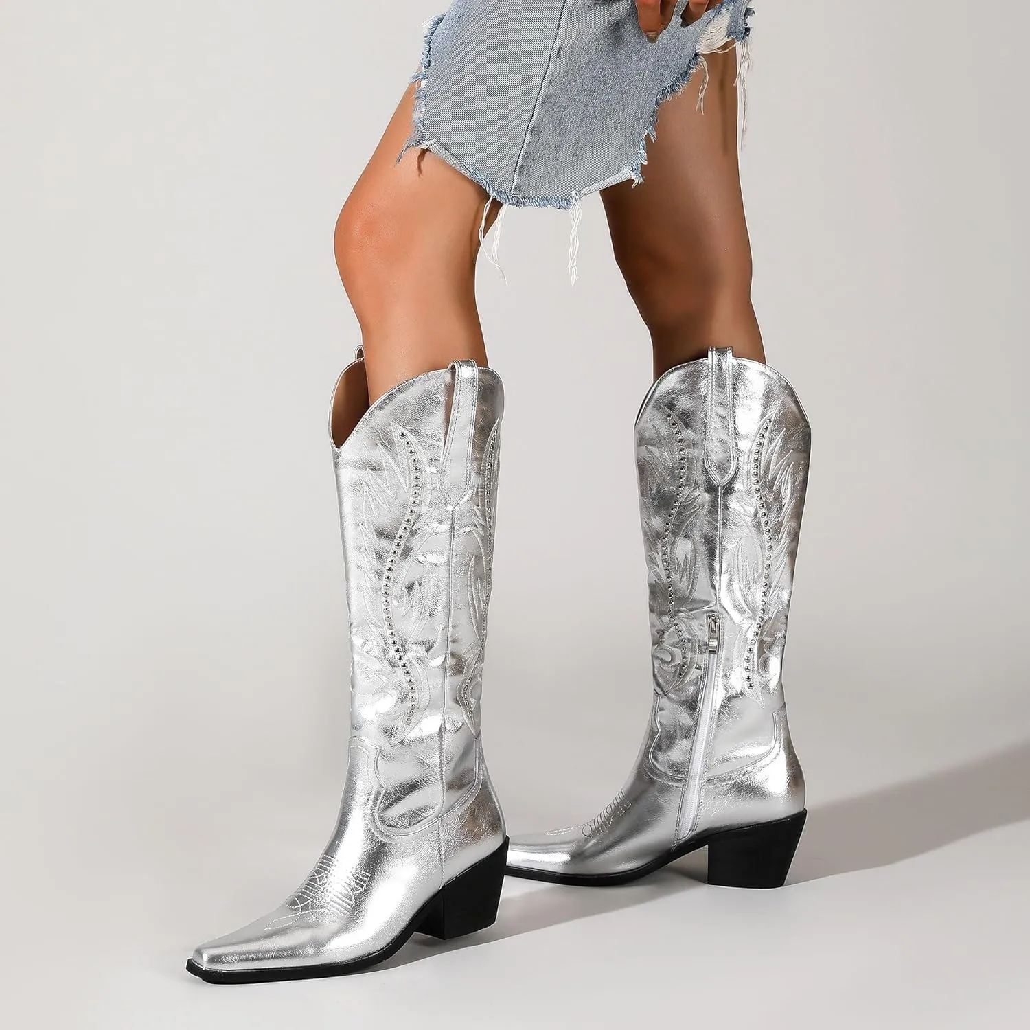 LingxiaUne Red Embroidered Cowboy Boots For Women Stylish Western Cowgirl Boot With Pointed Toe Chunky Block Heel Comfortable Shoes Mid Calf Boot For Party Prom Music Festival Pull On