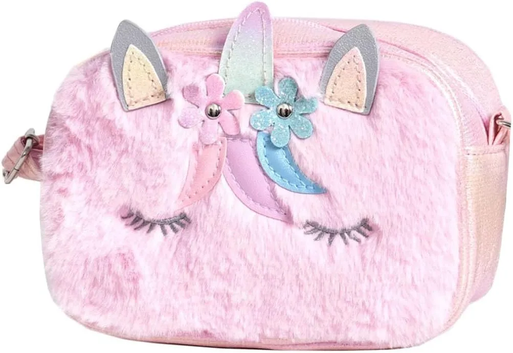 Little Girls Kids Toddler Unicorn Fuzzy Plush Crossbody Purse Rainbow Faux Fur Wallet Handbag