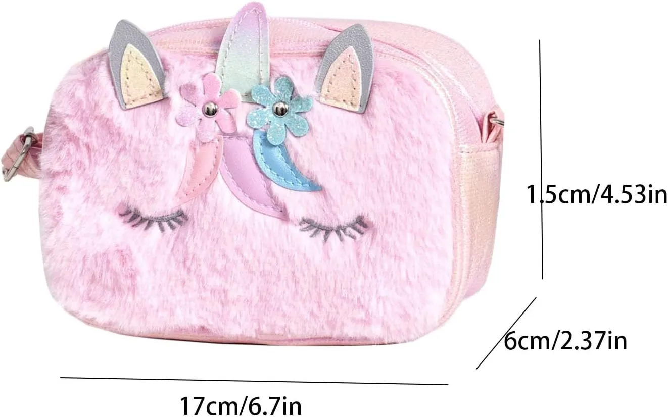 Little Girls Kids Toddler Unicorn Fuzzy Plush Crossbody Purse Rainbow Faux Fur Wallet Handbag