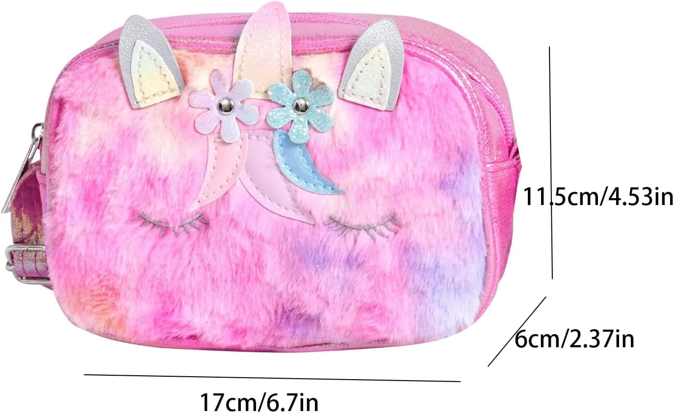Little Girls Kids Toddler Unicorn Fuzzy Plush Crossbody Purse Rainbow Faux Fur Wallet Handbag