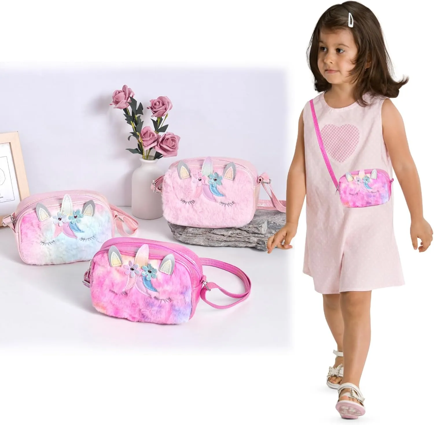 Little Girls Kids Toddler Unicorn Fuzzy Plush Crossbody Purse Rainbow Faux Fur Wallet Handbag
