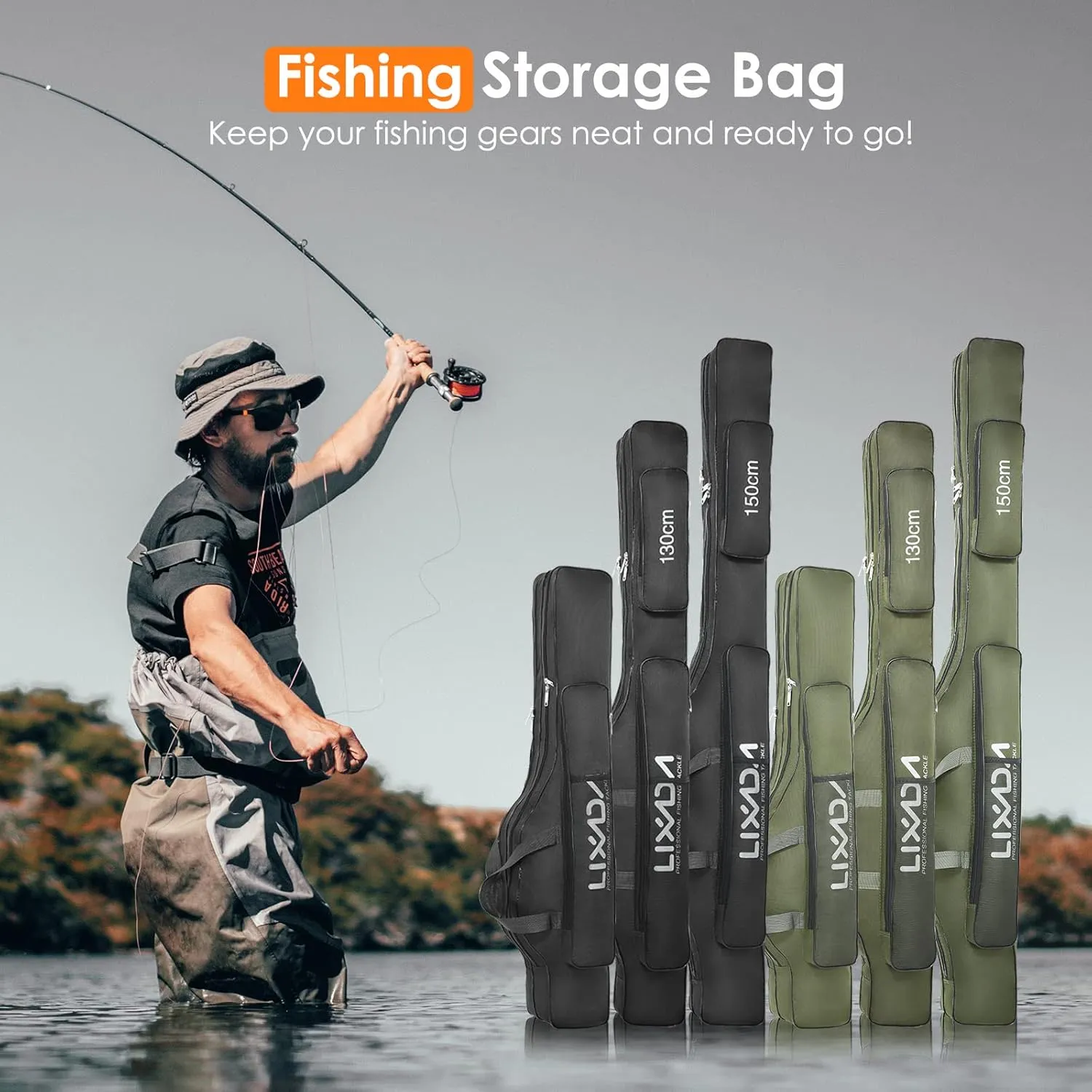 Lixada Fishing Rod Case, Portable Folding Fishing Rod Case Fishing Pole Reel Storage Bag Fishing Gears Organizer