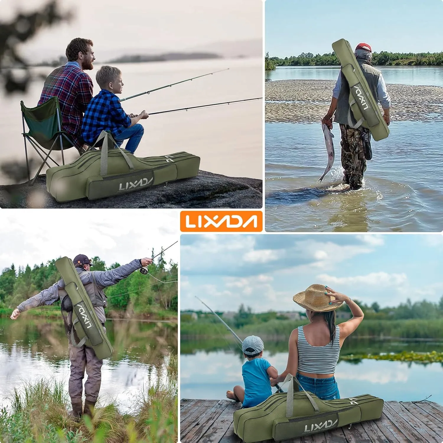 Lixada Fishing Rod Case, Portable Folding Fishing Rod Case Fishing Pole Reel Storage Bag Fishing Gears Organizer