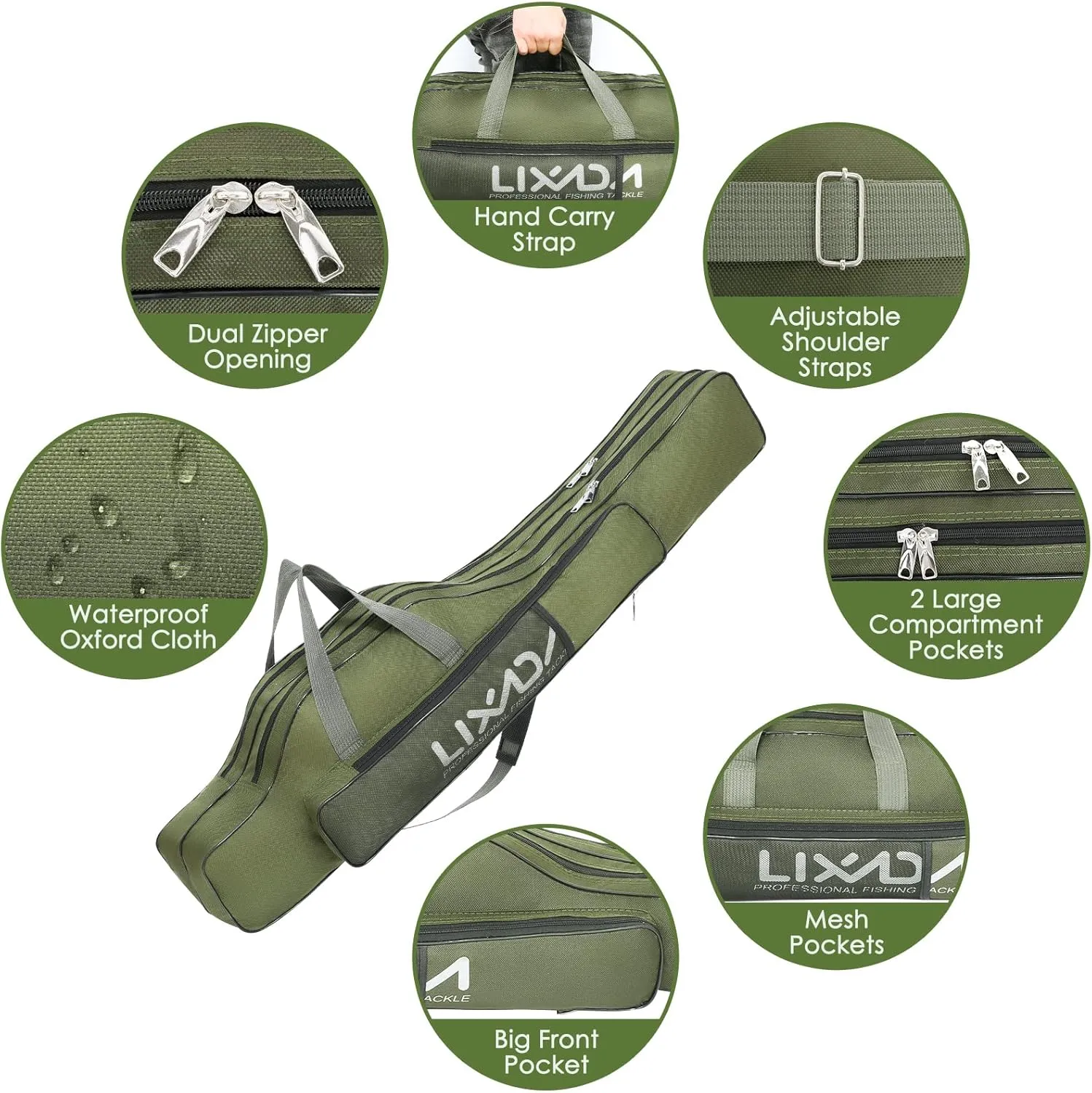 Lixada Fishing Rod Case, Portable Folding Fishing Rod Case Fishing Pole Reel Storage Bag Fishing Gears Organizer
