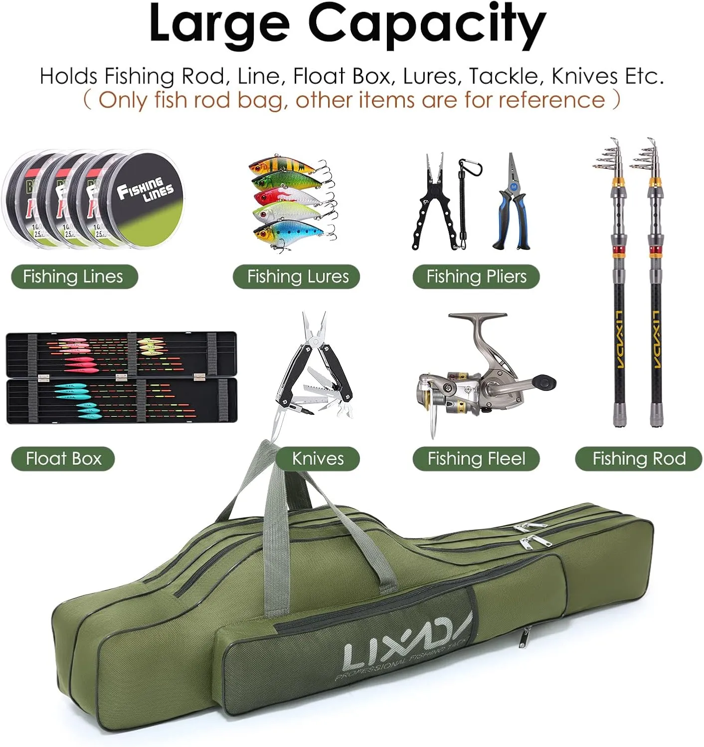 Lixada Fishing Rod Case, Portable Folding Fishing Rod Case Fishing Pole Reel Storage Bag Fishing Gears Organizer