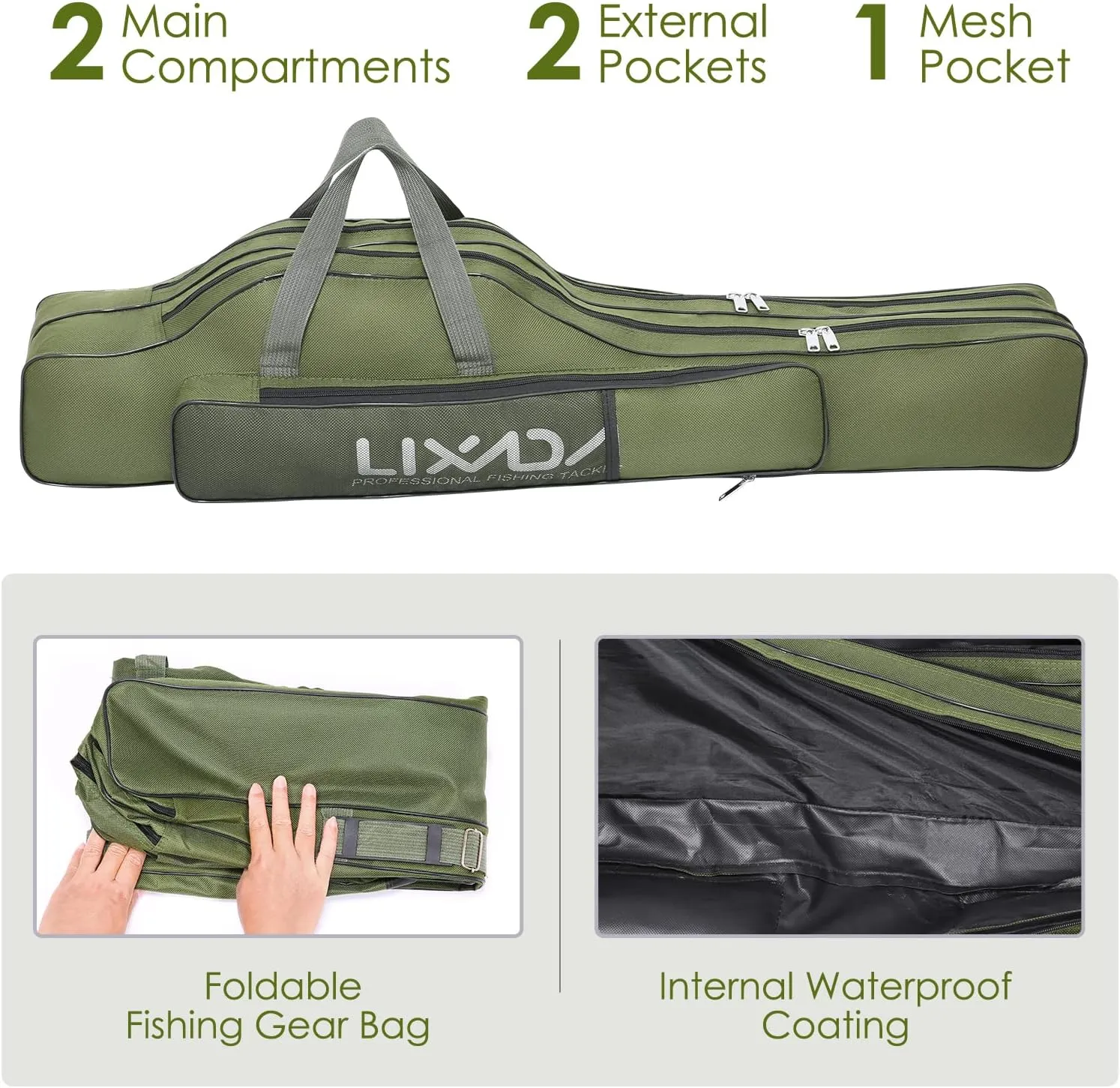 Lixada Fishing Rod Case, Portable Folding Fishing Rod Case Fishing Pole Reel Storage Bag Fishing Gears Organizer