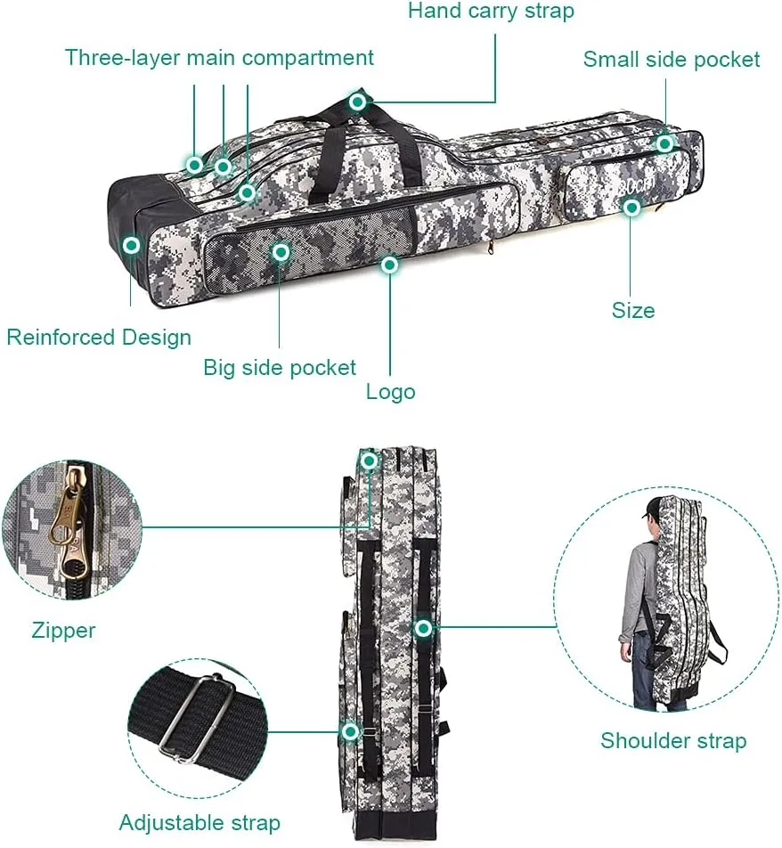 Lixada Folding Fishing Rod Case Portable Canvas Fishing Pole Tools Reel Storage Bag Fishing Gear Tackle Carry Cases 3 Layer, 60/75/80/90/120/150cm (Tree camouflage, 150)